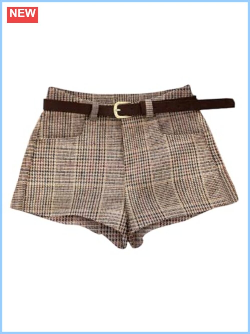 Plaid Houndstooth Mini Shorts with Belt, Dressy Low Rise